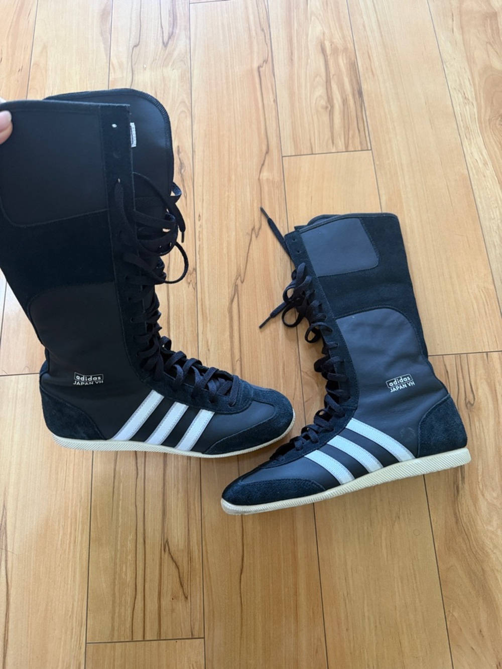 Adidas Japan Black High-Top Boxing Boots with White Stripes